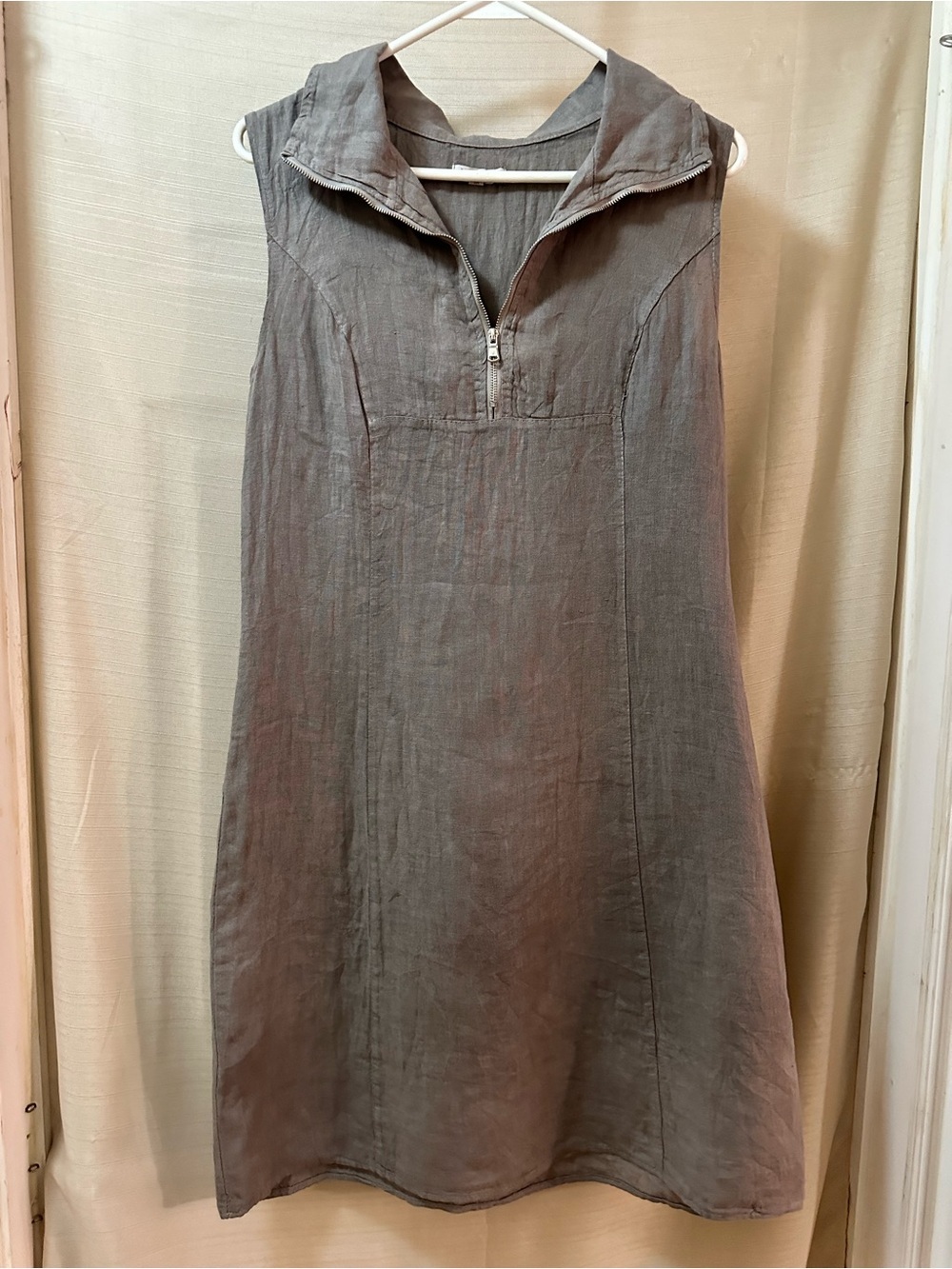 Lina Tomei Gray 100% Linen Zip Neck Shift Dress Sleeveless Pockets Medium